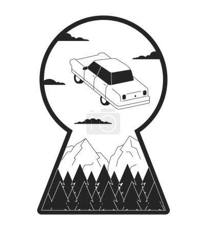 Illustration for Levitating retro car in keyhole shape black and white 2D illustration concept. Surreal adventure wanderlust cartoon outline scene isolated on white. Psychedelic ride sky metaphor monochrome vector art - Royalty Free Image
