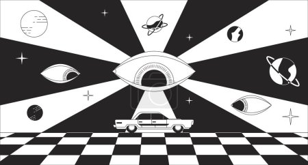 Illustration for Psychedelic road trip black and white 2D illustration concept. 60s trippy eyes watching over car riding outline cartoon scene background. Cosmic planets, groovy retro metaphor monochrome vector art - Royalty Free Image