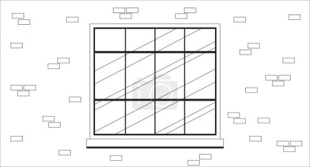 Illustration for Brick building window outside black and white cartoon flat illustration. Retro twelve pane window exterior residential 2D linear scenery background. Urban facade monochrome scene vector outline image - Royalty Free Image