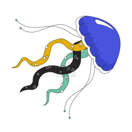 Illustration for Underwater jellyfish floating 2D linear cartoon object. Sea creature swimming. Aquarium jelly fish isolated line vector element white background. Jelly medusa ocean color flat spot illustration - Royalty Free Image
