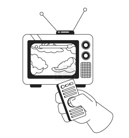Illustration for Dreamy clouds on old television black and white 2D illustration concept. Changing program with clicker isolated cartoon outline character hand. Cumulus forecast weather metaphor monochrome vector art - Royalty Free Image