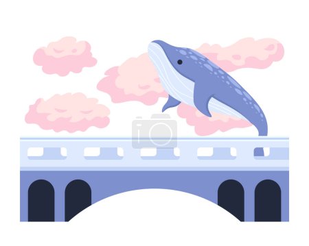 Whale humpback flying above bridge 2D illustration concept. Fairytale animal in clouds sky isolated cartoon scene, white background. Fantastic world surreal metaphor abstract flat vector graphic