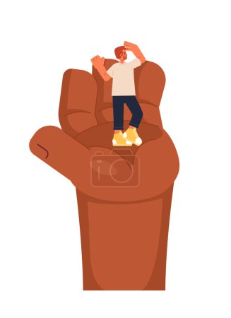 Ilustración de Hombre europeo de pie sobre la mano extendida concepto de ilustración 2D. Africano americano brazo apoyo chico aislado personaje de dibujos animados, fondo blanco. Mirando alrededor metáfora abstracta vector plano gráfico - Imagen libre de derechos