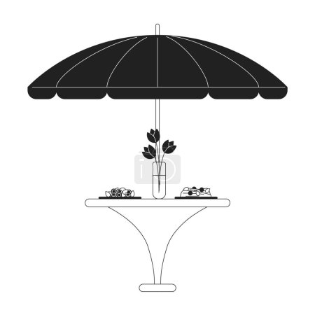 Téléchargez les illustrations : Parapluie patio table à manger dîner servi noir et blanc objet de dessin animé 2D. Meubles de restaurant extérieur isolé vecteur contour article. Table en parasol avec repas illustration monochromatique des taches plates - en licence libre de droit
