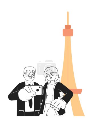 Ilustración de Viejos turistas atracción pareja retiro disfrutando de personajes de dibujos animados 2D en blanco y negro. Los jubilados tomando selfie en la torre Eiffel aislado vector contorno de la gente. Ilustración plana monocromática - Imagen libre de derechos