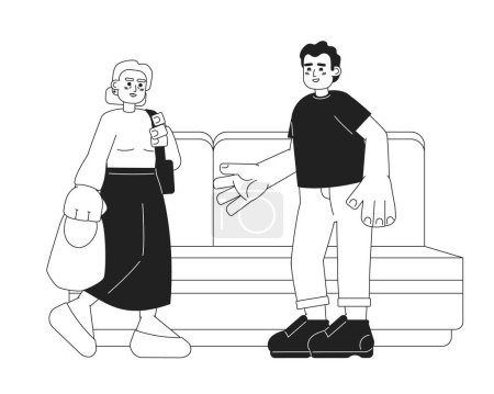 Illustration for Man giving up seat to senior woman black and white 2D cartoon characters. Offering train seat to elderly on transport isolated vector outline people. Good manners monochromatic flat spot illustration - Royalty Free Image