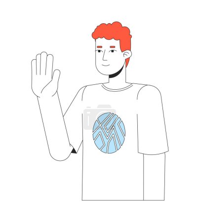 Illustration for Curly caucasian young man waving happy 2D linear cartoon character. Saying hello isolated line vector person white background. Greeting gesture. Nonverbal communication color flat spot illustration - Royalty Free Image