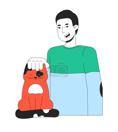 Illustration for Caucasian guy gently petting cat 2D linear cartoon character. European pet owner isolated line vector person white background. Kitten being petted. Veterinarian male color flat spot illustration - Royalty Free Image