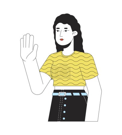 Illustration for Wavy hair young adult woman hello wave 2D linear cartoon character. Positive greeting isolated line vector person white background. Nonverbal communication. Saying hi color flat spot illustration - Royalty Free Image