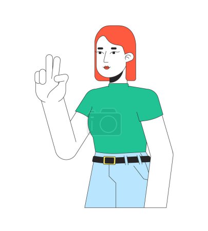 Illustration for Peace sign girl european 2D linear cartoon character. Victorious caucasian female isolated line vector person white background. Selfie taking. Gesturing two fingers up color flat spot illustration - Royalty Free Image