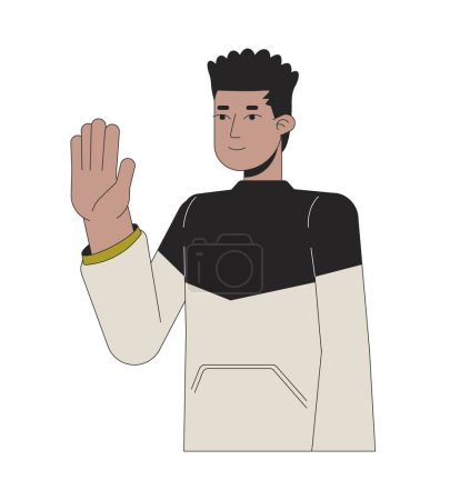 Illustration for African american guy waving happy 2D linear cartoon character. Male black student saying hello isolated line vector person white background. Greet gesture. Body language color flat spot illustration - Royalty Free Image