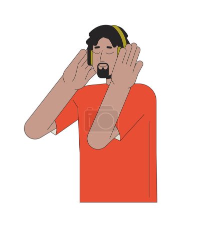 Illustration for Dreadlocks happy african american man headphones 2D linear cartoon character. Listen to music isolated line vector person white background. Podcast listener. Music lover color flat spot illustration - Royalty Free Image
