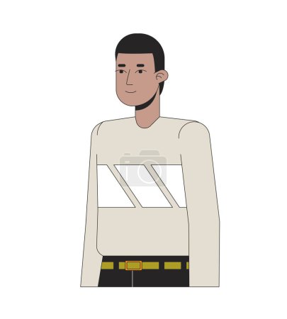 Illustration for African american short haired young man standing 2D linear cartoon character. Relaxed posing isolated line vector person white background. Average boy in casual clothes color flat spot illustration - Royalty Free Image