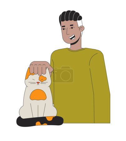 Illustration for African american adult man petting cat 2D linear cartoon character. Hair braided black male pet owner isolated line vector person white background. Kitten being petted color flat spot illustration - Royalty Free Image