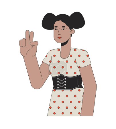 Illustration for African american peace sign girl 2D linear cartoon character. Gesturing two fingers up isolated line vector person white background. Position on selfie taking. Nonverbal color flat spot illustration - Royalty Free Image