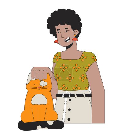 Ilustración de Afro cabello mujer acariciando gato cabeza 2D carácter de dibujos animados lineales. Afro americana dama adoptando gatito aislado línea vector persona blanco fondo. Mascota amante mujer color plano punto ilustración - Imagen libre de derechos