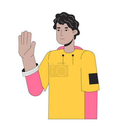 Illustration for Latino young man saying hello 2D linear cartoon character. Hispanic teen waving happy isolated line vector person white background. Greet gesture. Nonverbal communication color flat spot illustration - Royalty Free Image