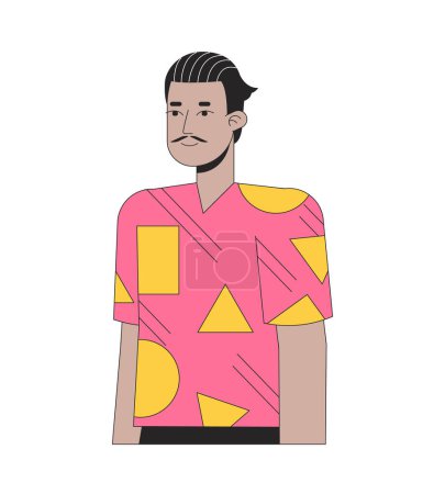 Illustration for Hispanic adult man with pencil moustache 2D linear cartoon character. Latino guy in 70s inspired clothes isolated line vector person white background. Relaxed posing color flat spot illustration - Royalty Free Image