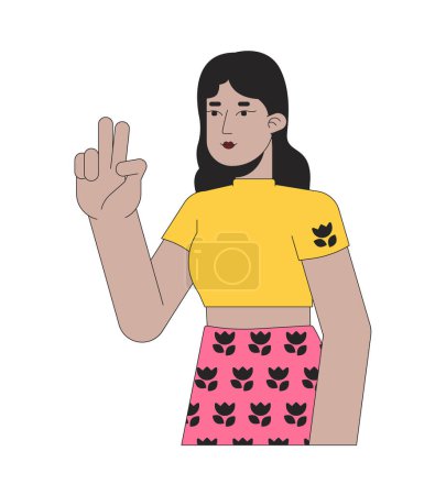 Illustration for Latina young adult with two fingers up 2D linear cartoon character. Hispanic lady selfie taking isolated line vector person white background. Nonverbal communication color flat spot illustration - Royalty Free Image