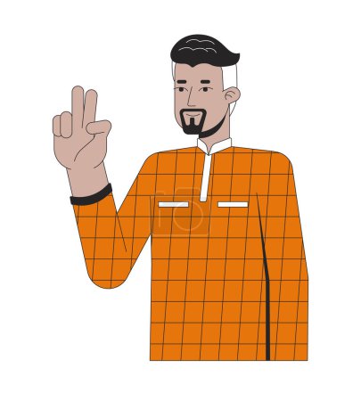 Illustration for Confident 40s arab man victory sign 2D linear cartoon character. Middle eastern businessman two fingers gesture isolated line vector person white background. Taking selfie color flat spot illustration - Royalty Free Image