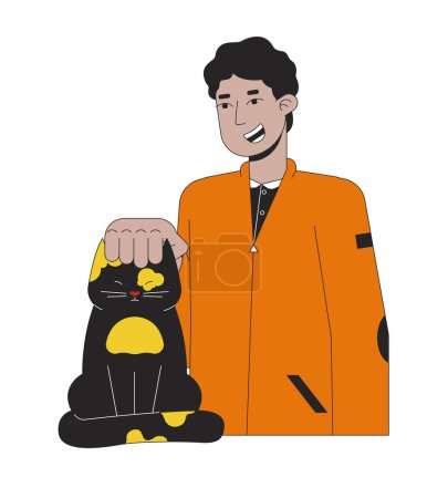 Illustration for Middle eastern teen boy petting cat 2D linear cartoon character. Arab young man scratching kitty domestic isolated line vector person white background. Pet owner male color flat spot illustration - Royalty Free Image