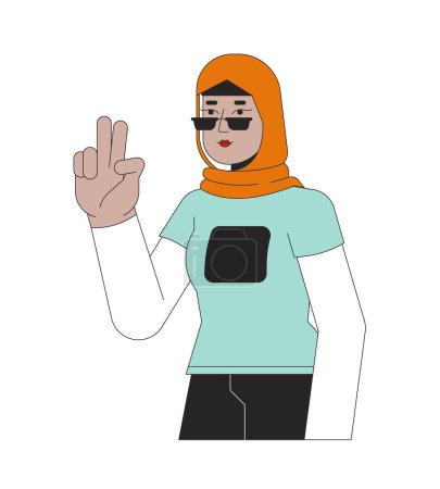 Illustration for Stylish muslim woman showing victory sign 2D linear cartoon character. Sunglasses hijab woman selfie taking isolated line vector person white background. Two fingers up color flat spot illustration - Royalty Free Image