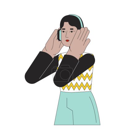 Ilustración de Auriculares Oriente Medio mujer 2D personaje de dibujos animados lineales. Feliz melómano árabe chica aislado línea vector persona fondo blanco. Podcast escuchando, disfrutando de la música de color plano punto ilustración - Imagen libre de derechos