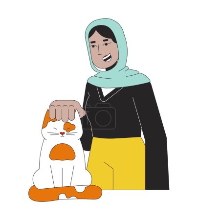 Illustration for Muslim hijab woman petting cat head 2D linear cartoon character. Animal volunteer lady with kitten isolated line vector person white background. Female veterinarian color flat spot illustration - Royalty Free Image