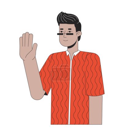 Illustration for Sunglasses indian man waving hand 2D linear cartoon character. Stylish south asian guy saying hello isolated line vector person white background. Greeting gesture color flat spot illustration - Royalty Free Image