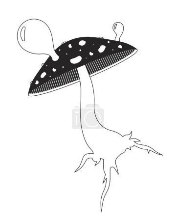 Illustration for Magic mushroom fly agaric black and white 2D line cartoon object. Poison toadstool blowing out bubbles isolated vector outline item. Poisonous surreal plant monochromatic flat spot illustration - Royalty Free Image
