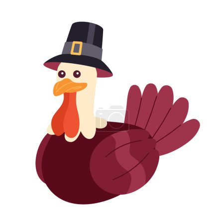 Illustration for Pilgrim turkey mascot 2D cartoon character. Poultry bird wearing flat topped hat isolated vector animal white background. Capotain turkey. Authentic thanksgiving color flat spot illustration - Royalty Free Image