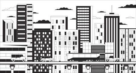 Illustration for Cityscape day black and white cartoon flat illustration. Vehicles road transportation 2D linear scenery background. Buildings, highway bridge. Highrise urban monochrome scene vector outline image - Royalty Free Image