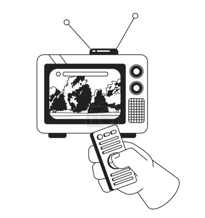 Ilustración de Paisaje del parque en 1970 tv concepto de ilustración 2D en blanco y negro. Control haciendo clic en la mano de carácter dibujo animado aislado contorno. Bosque tranquilo en la metáfora retro televisión arte vectorial monocromo - Imagen libre de derechos