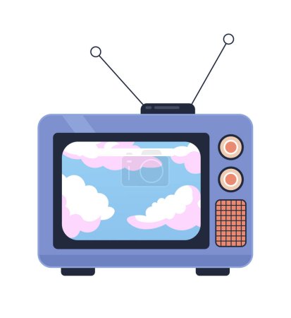 Illustration for Heaven cloudscape on vintage tv 2D cartoon object. Old fashioned retro television program isolated vector item white background. Clouds sky nature. Watch nostalgia show color flat spot illustration - Royalty Free Image