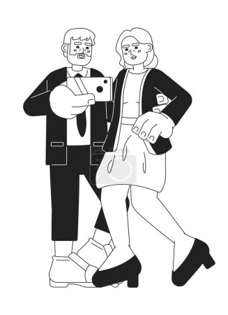 Ilustración de Ancianos pareja de moda tomando selfie personajes de dibujos animados 2D en blanco y negro. Las personas mayores tomando fotos teléfono aislado vector contorno de la gente. Abuelos feliz ilustración plana monocromática - Imagen libre de derechos