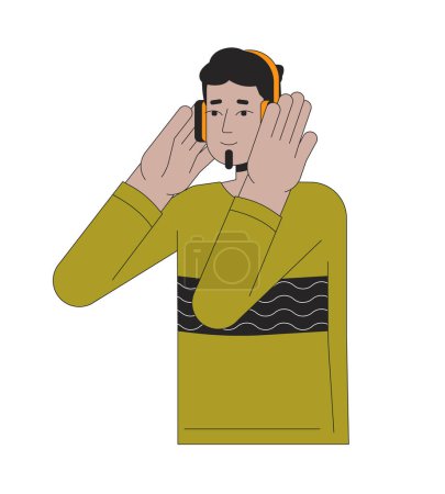 Illustration for Headphones indian man bearded 2D linear cartoon character. South asian guy listening to music beats isolated line vector person white background. Podcast listener color flat spot illustration - Royalty Free Image