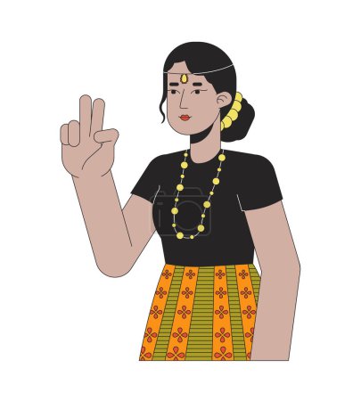 Illustration for Peace sign girl with indian head jewelry 2D linear cartoon character. South indian woman two fingers up isolated line vector person white background. Selfie taking color flat spot illustration - Royalty Free Image