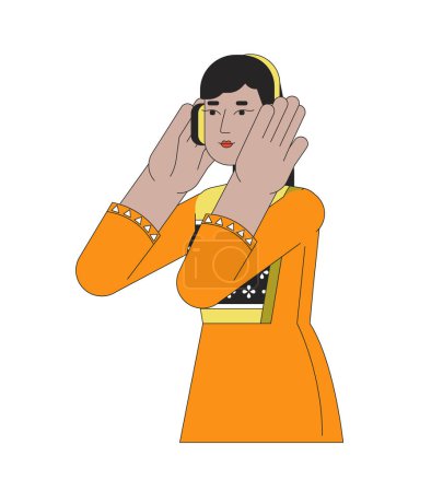 Illustration for Headphones indian young adult woman 2D linear cartoon character. South asian lady listening to music isolated line vector person white background. Happy melomaniac girl color flat spot illustration - Royalty Free Image