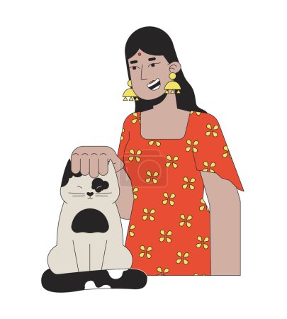 Illustration for Smiling hindu woman stroking cat 2D linear cartoon character. Indian lady wearing bindi, scratching kitten head isolated line vector person white background. Pet lover color flat spot illustration - Royalty Free Image