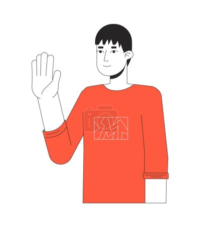 Illustration for Normal japanese guy waving shyly 2D linear cartoon character. Asian young man saying hello isolated line vector person white background. Greeting gesture. Nonverbal color flat spot illustration - Royalty Free Image