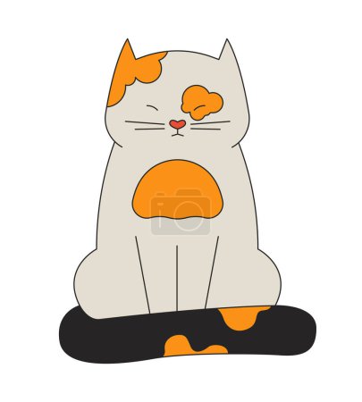 Illustration for Sleepy cat squinting eyes 2D linear cartoon character. Spotted feline pet wrapping tail around itself isolated line vector animal white background. Blinking kitten color flat spot illustration - Royalty Free Image