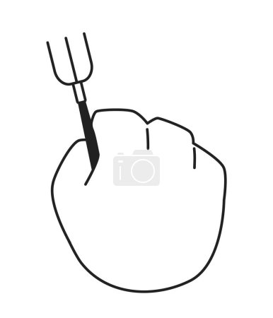 Illustration for Fork holding cartoon hand outline illustration. Eating with cutlery 2D isolated black and white vector image. Using dinnerware. Ready to eat. Silverware tool flat monochromatic drawing clip art - Royalty Free Image