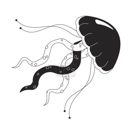 Téléchargez les illustrations : Méduses sous-marines flottant noir et blanc objet de dessin animé ligne 2D. Créature marine nageant. Aquarium gelée poisson isolé vecteur contour article. Jelly medusa océan monochromatique plat spot illustration - en licence libre de droit