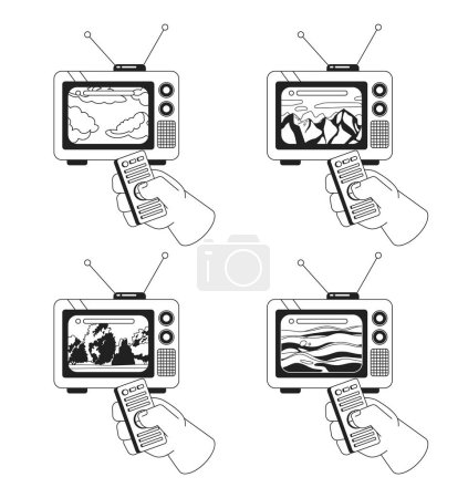 Illustration for Peaceful landscapes retro tv watching black and white 2D illustration concepts set. Remote control, dreamy mood isolated cartoon outline character hands collection. metaphors monochrome vector art - Royalty Free Image