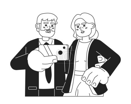 Ilustración de Pareja de ancianos caucásicos tomando selfie personajes de dibujos animados 2D en blanco y negro. Hombre mayor sosteniendo teléfono inteligente aislado vector delinear personas. Anciana posando ilustración monocromática punto plano - Imagen libre de derechos