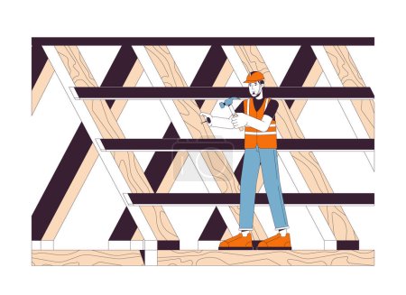 Illustration for Roofing construction site line cartoon flat illustration. Caucasian male roof contractor 2D lineart character isolated on white background. Construction man working on roof scene vector color image - Royalty Free Image