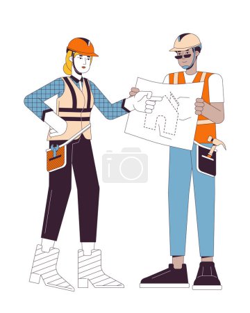Illustration for Supervisor team line cartoon flat illustration. Architect woman pointing apartment blueprint 2D lineart characters isolated on white background. Residential construction site scene vector color image - Royalty Free Image