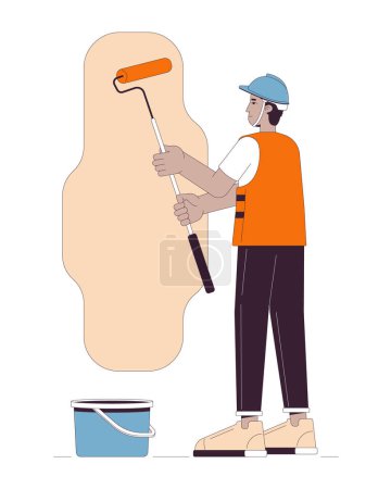 Illustration for Hardhat contractor painting wall line cartoon flat illustration. Latino painter holding paint roller 2D lineart character isolated on white background. Building renovation scene vector color image - Royalty Free Image