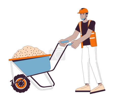 Illustration for Construction worker transporting concrete on wheelbarrow cartoon flat illustration. Hardhat contractor pushing cart 2D lineart character isolated on white background. Building scene vector color image - Royalty Free Image