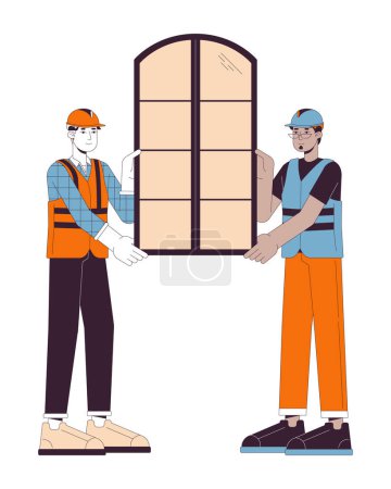 Illustration for Window installation home line cartoon flat illustration. Window fitters diverse men 2D lineart characters isolated on white background. Installers contractors hardhat scene vector color image - Royalty Free Image